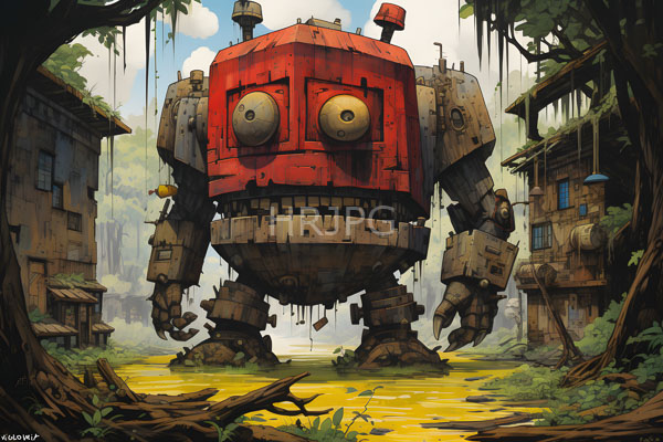High Resolution: Oversized red and gray mechanical robot with large round eyes stands in a muddy forest clearing between two dilapidated wooden buildings covered by mossy vines download. | HRJPG.com
