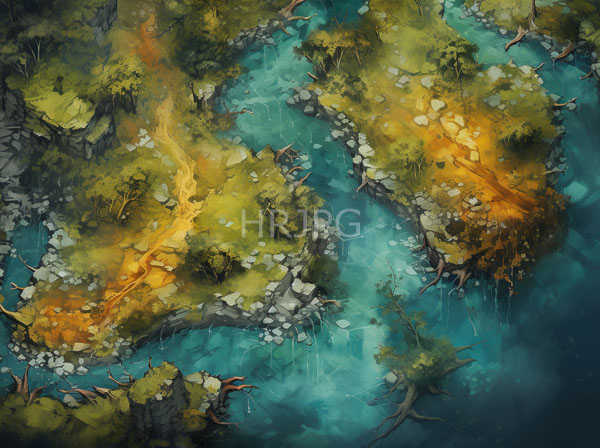 High Resolution: Aerial view of two lush rocky islands surrounded by turquoise water the left island is greenish-yellow with winding orange paths through dense foliage download. | HRJPG.com