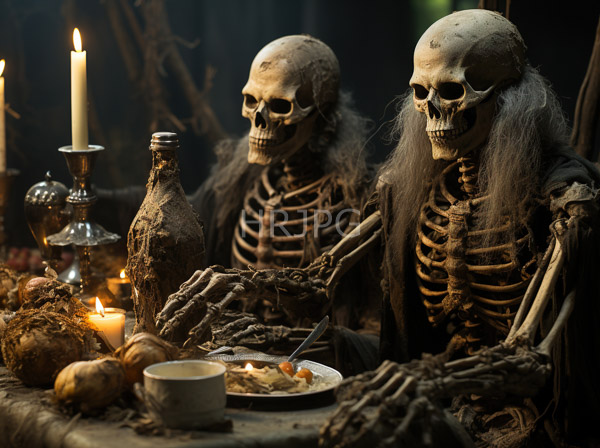 High Resolution: Two skeletal figures with long grayish hair and exposed rib cages dining by candlelight in an eerie setting eating from a bowl on a wooden table adorned with apples download. | HRJPG.com