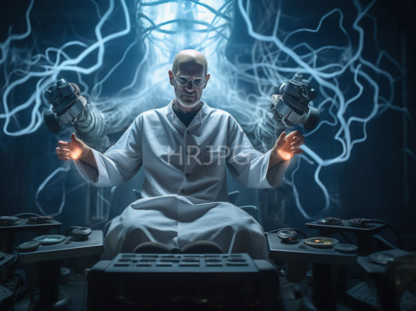 High Resolution: Older Caucasian man with short blonde hair wearing a white lab coat sits cross-legged in front of complex machinery emitting blue-white electrical lines download. | HRJPG.com