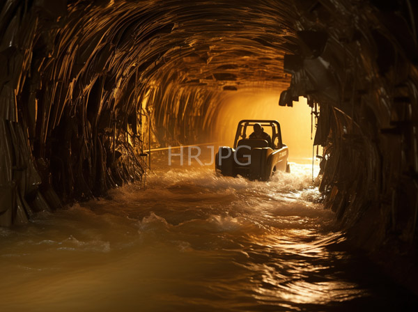 High Resolution: Off-road vehicle driving through a narrow dim cave-like tunnel with rough textured walls and water splashing around its tires with bright yellow-orange light ahead download. | HRJPG.com