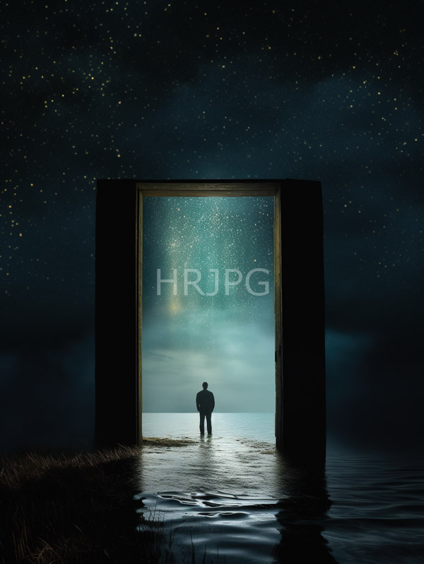 High Resolution: Silhouette of an individual stands in front of an open doorway gazing at a starry night sky with the visible Milky Way over calm water reflecting light download. | HRJPG.com