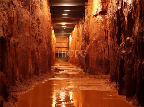 High Resolution: Illuminated narrow underground cave with rough orange-brown rock walls and reflective water pooling on the floor with warm yellow-orange light along wooden ceiling beams download. | HRJPG.com