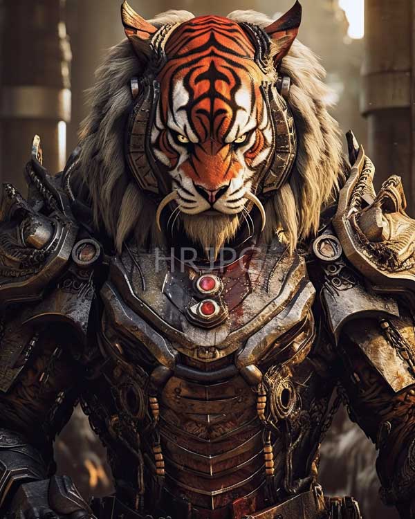 High Resolution: Anthropomorphic tiger warrior with orange and black fur wears detailed medieval-style armor adorned with red gemstones and a fierce expression download. | HRJPG.com