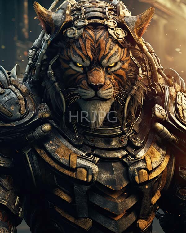 High Resolution: Anthropomorphic tiger warrior with intense yellow eyes wears detailed medieval-style armor adorned with metal bands and leather straps on its headgear download. | HRJPG.com