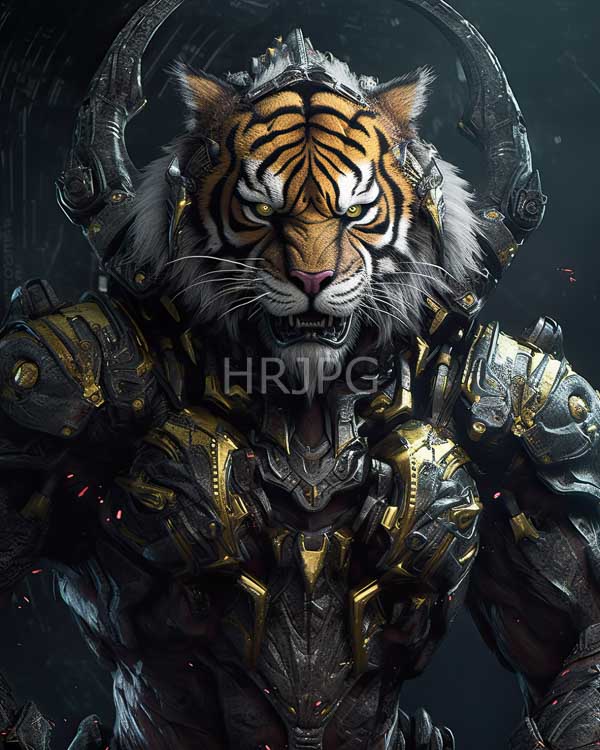 High Resolution: Anthropomorphic tiger warrior with orange and black striped fur and fierce yellow eyes wears intricately detailed metallic armor adorned with gold accents download. | HRJPG.com