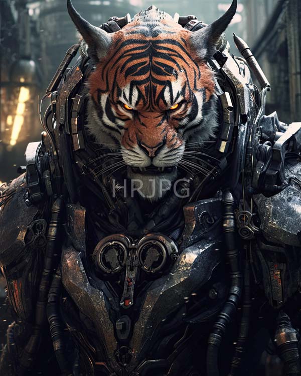High Resolution: Anthropomorphic tiger with intense glowing yellow eyes wears futuristic black armor adorned with metallic cables and gauntlets in a dim urban setting at night download. | HRJPG.com