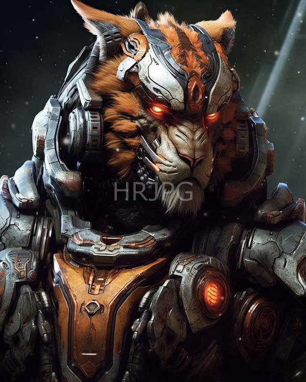 High Resolution: Anthropomorphic tiger in futuristic metallic armor with orange and white fur patterns and glowing red eyes stands with a stern expression against a dark space background download. | HRJPG.com