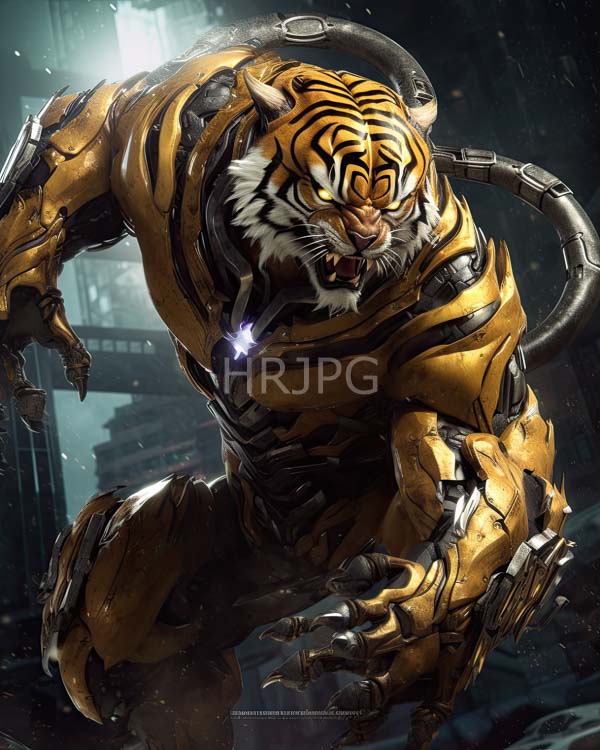 High Resolution: Anthropomorphic tiger in futuristic yellow and black armored suit with mechanical limbs baring sharp teeth mid-roar against a dark industrial background download. | HRJPG.com