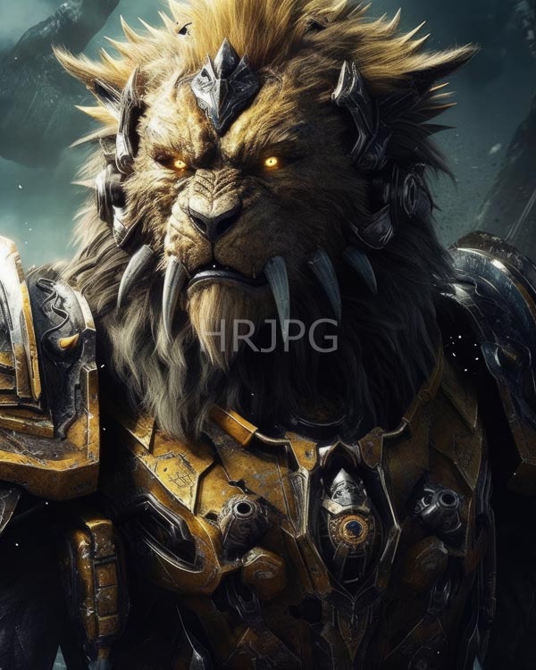 High Resolution: Anthropomorphic lion warrior with glowing yellow eyes sharp white tusks wearing detailed golden armor adorned with metallic plates and intricate designs download. | HRJPG.com
