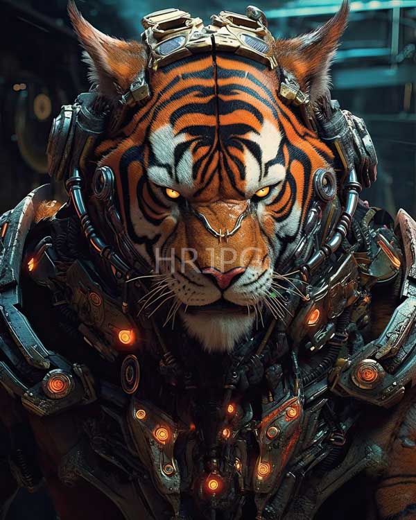 High Resolution: Anthropomorphic tiger with vivid orange and black stripes wears intricate steampunk-style mechanical armor adorned with glowing red lights and metallic goggles download. | HRJPG.com