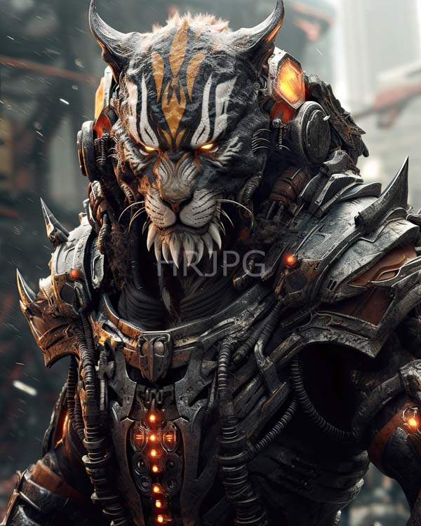 High Resolution: Anthropomorphic tiger warrior in futuristic dark metallic armor with glowing orange accents and intricate mechanical details stands with a fierce expression download. | HRJPG.com