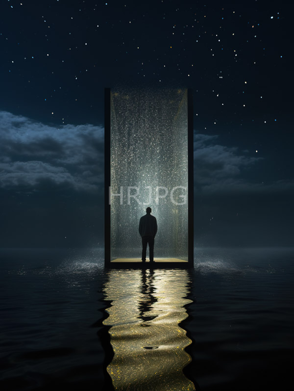 High Resolution: Silhouetted figure stands in front of an illuminated rectangular frame filled with falling stars against a night sky and clouds with a reflection on still water below download. | HRJPG.com