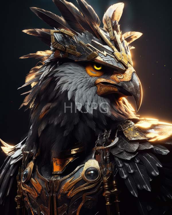 High Resolution: Anthropomorphic eagle with dark feathers golden-yellow eyes and a beak adorned in intricate metallic armor featuring feather-like designs on its headpiece download. | HRJPG.com
