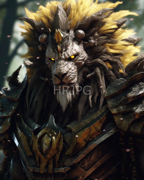 High Resolution: Anthropomorphic lion warrior with glowing yellow eyes wears dark metallic armor adorned with intricate designs and spikes against a blurred forest background download. | HRJPG.com