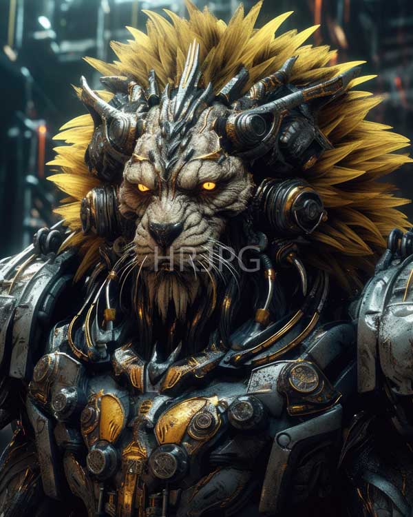 High Resolution: Anthropomorphic lion with glowing yellow eyes wears intricate metallic armor adorned in gold accents and mechanical horns against a blurred industrial background download. | HRJPG.com