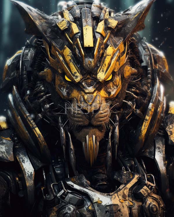 High Resolution: Anthropomorphic armored tiger with glowing yellow eyes and sharp fangs set in intricate metallic armor featuring gold accents against a blurred forest greenery download. | HRJPG.com