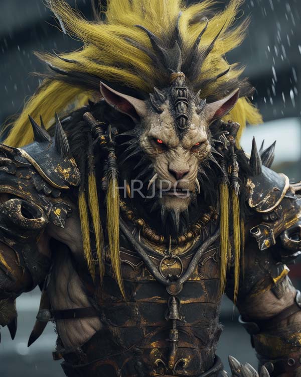 High Resolution: Anthropomorphic lion warrior with yellow and black mane and red eyes wears ornate spiked armor adorned in gold accents with rain falling around him download. | HRJPG.com