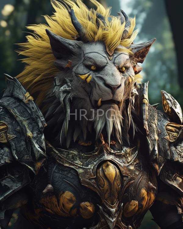 High Resolution: Anthropomorphic lion warrior with gray fur yellow mane and sharp fangs wears ornate metallic armor featuring gold accents in a forest setting download. | HRJPG.com