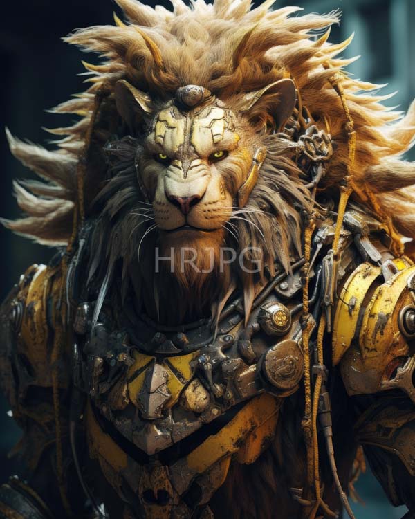 High Resolution: Anthropomorphic lion warrior with golden fur and intricate facial markings wears detailed yellow-and-brown armored gear with metal plates and leather straps download. | HRJPG.com