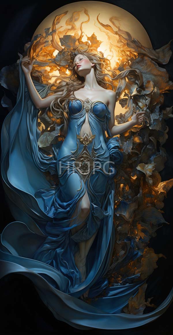 High Resolution: Ethereal blonde woman with flowing hair and closed eyes floats against a glowing full moon backdrop wears an ornate blue gown adorned in gold patterns download. | HRJPG.com