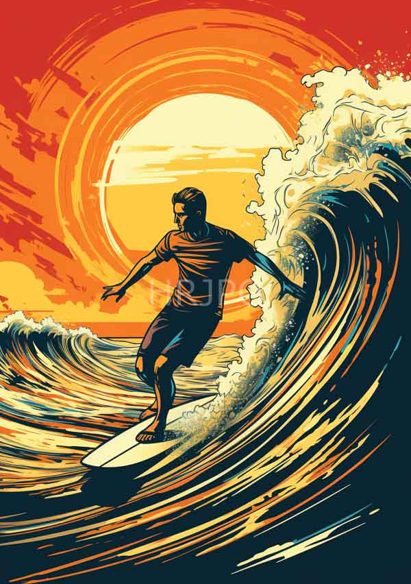High Resolution: Athletic man surfing on a large curling wave under a vibrant orange and yellow sunset sky wearing red shorts and skillfully riding his white surfboard download. | HRJPG.com