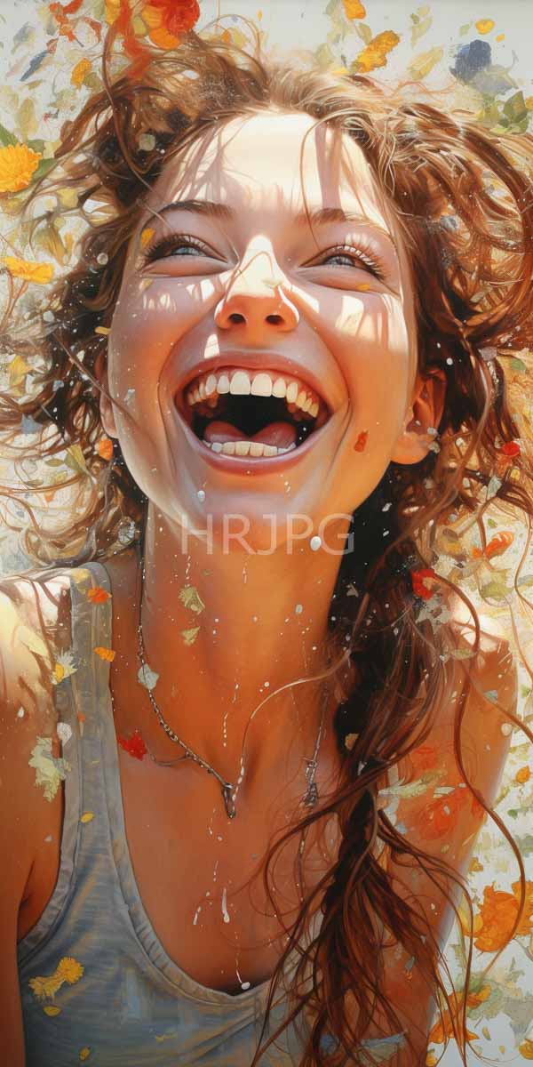High Resolution: Smiling young woman with curly brown hair wet from water splashes and autumn leaves on her face wears a light blue tank top against a colorful abstract background download. | HRJPG.com