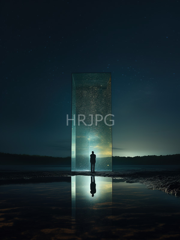 High Resolution: Silhouetted figure stands in front of a large transparent rectangular glass box under a starry night sky with a reflection on water below showing a mirrored silhouette download. | HRJPG.com