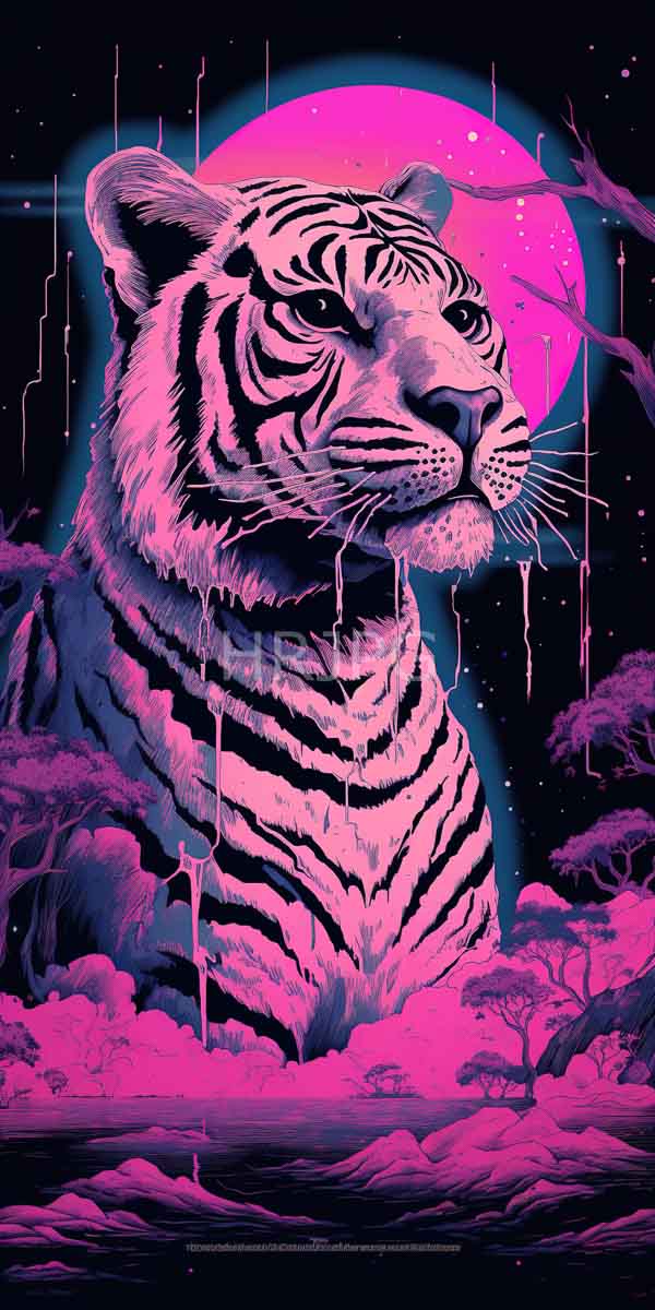 High Resolution: Imposing white tiger with black stripes centered against a vivid pink and purple night sky featuring a large glowing full moon behind its head download. | HRJPG.com