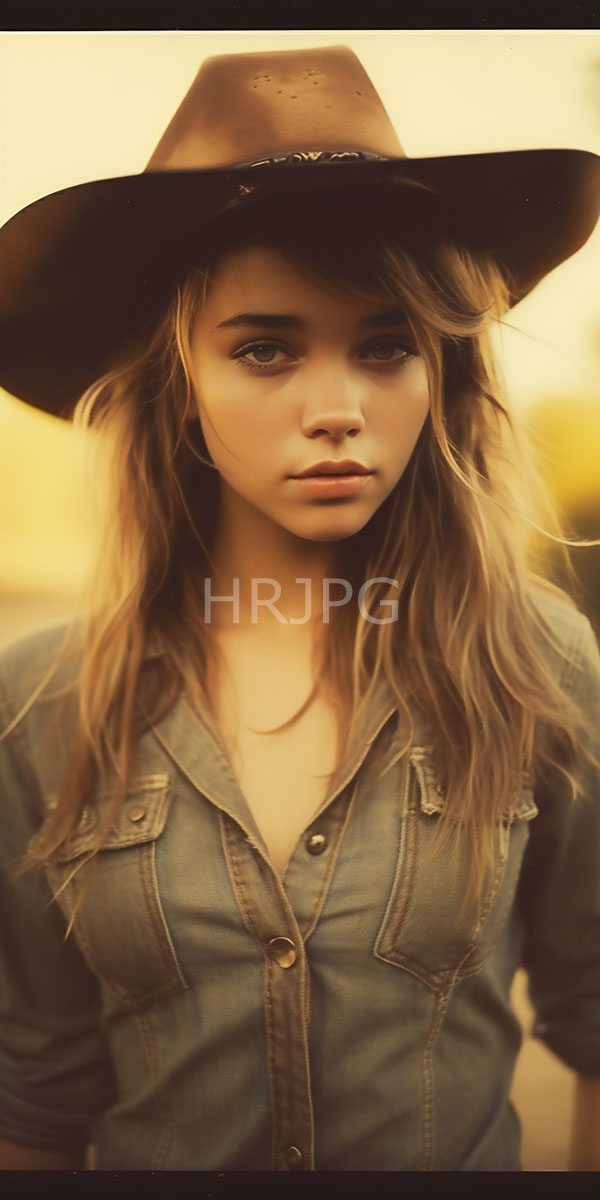 High Resolution: Young Caucasian woman with long wavy blonde hair wears a brown cowboy hat and a blue denim shirt with large green eyes looking directly at the camera download. | HRJPG.com