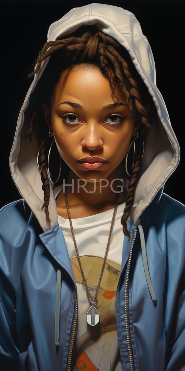 High Resolution: African-American woman with braided hair wears a white hooded jacket large silver hoop earrings and two dog tags over a graphic t-shirt download. | HRJPG.com