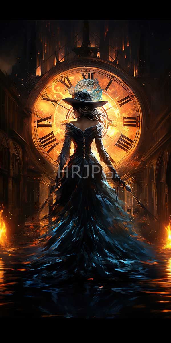 High Resolution: Elegant dark-haired woman in a Victorian-style black gown with a feathered skirt and corset details stands before a large clock face glowing orange behind her download. | HRJPG.com