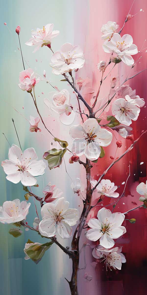 High Resolution: Delicate cherry blossoms on slender branches with white petals and pink centers against an abstract background blending pastel green blue red and purple hues download. | HRJPG.com