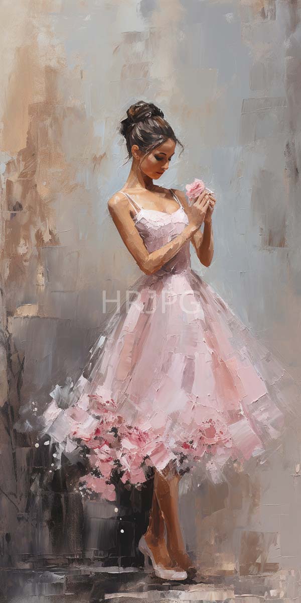 High Resolution: Elegant young woman with dark hair in a bun wears a pale pink ball gown adorned with soft floral patterns holding delicate flowers close to her chest download. | HRJPG.com
