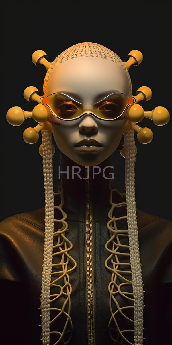 High Resolution: Androgynous dark-skinned mannequin with smooth skin tone wears reflective orange sunglasses adorned by gold spherical ornaments on braided white hair extensions download. | HRJPG.com