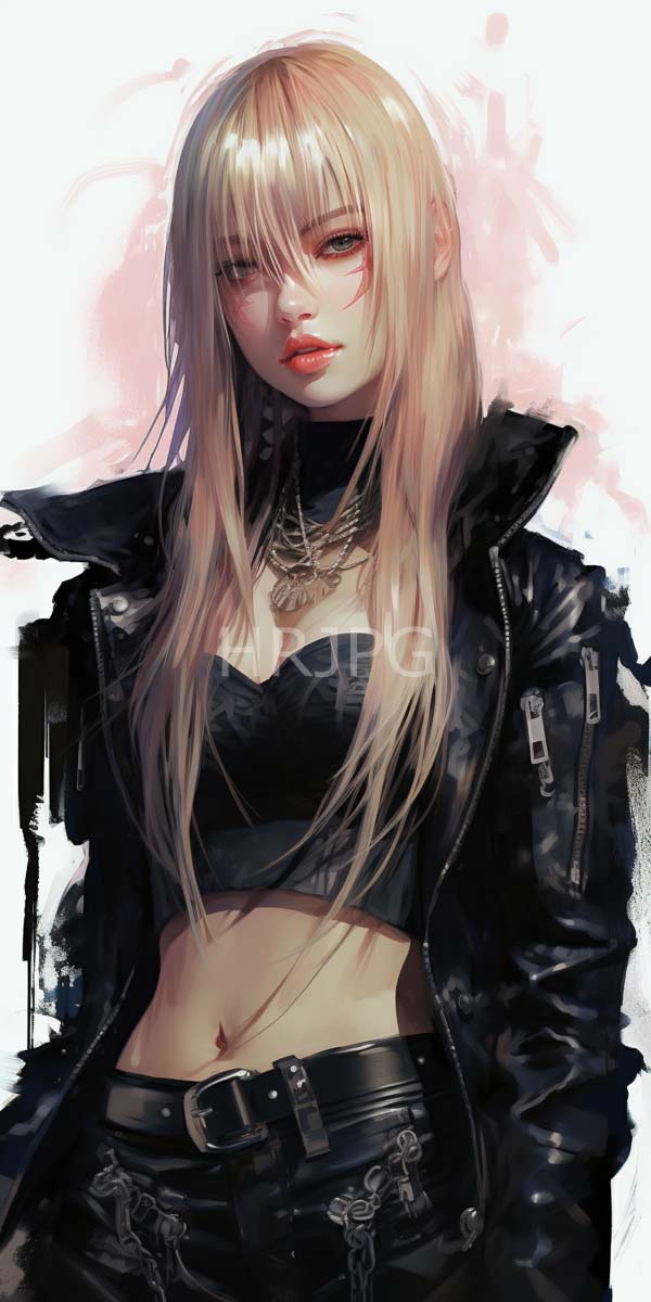 High Resolution: Attractive pale-skinned woman with long blonde hair and bangs wears black leather clothing including a strapless top revealing her midriff and high-waisted pants adorned with chains download. | HRJPG.com