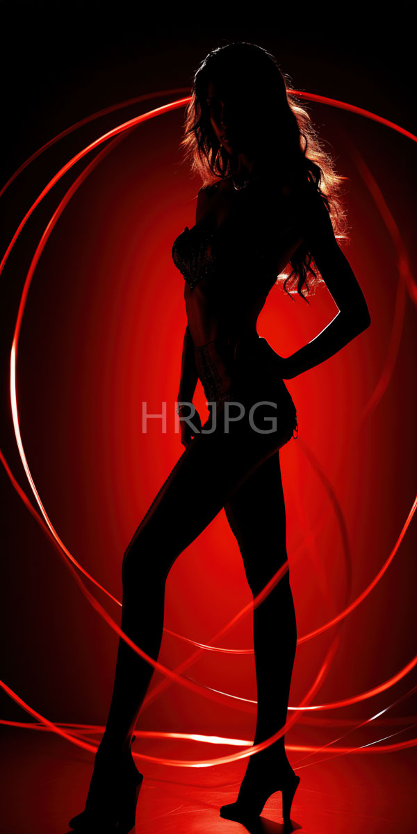 High Resolution: Elegant slender woman in silhouette against vibrant red lighting with circular light trails behind her wears high-heeled shoes and lingerie-like attire download. | HRJPG.com