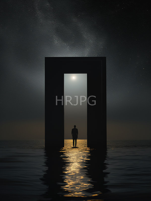 High Resolution: Silhouetted figure stands in an illuminated doorway centered against a starry night sky and reflective water surface with shimmering moonlight at its base download. | HRJPG.com