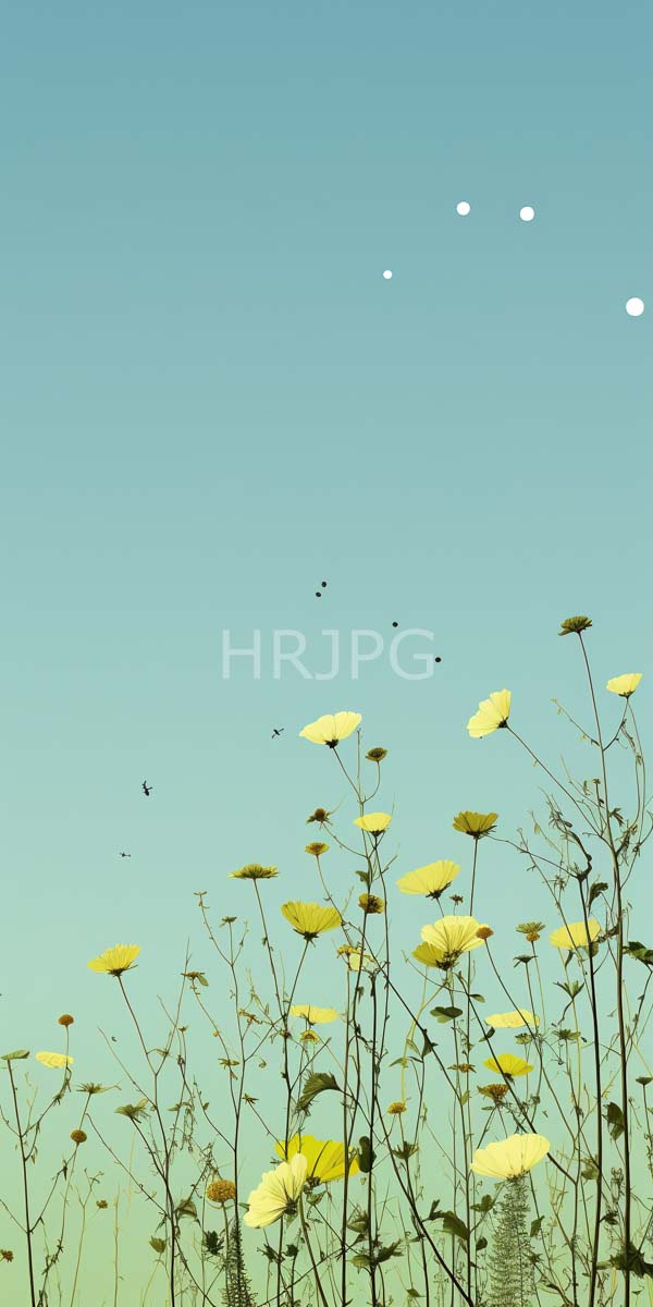 High Resolution: Tall yellow wildflowers with slender green stems and small leaves against an expansive blue sky with three faint white stars or distant lights in the upper right corner download. | HRJPG.com