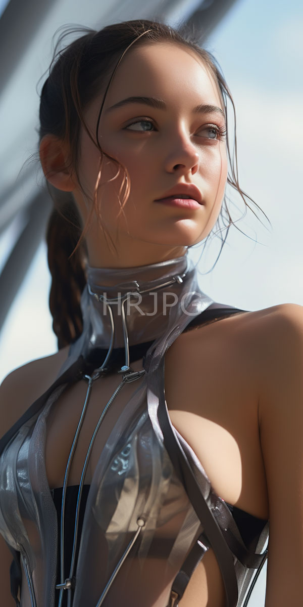 High Resolution: Photorealistic attractive young woman with fair skin and blue eyes wears a shiny silver halter top that reveals her cleavage through sheer fabric straps with brown hair in a ponytail download. | HRJPG.com