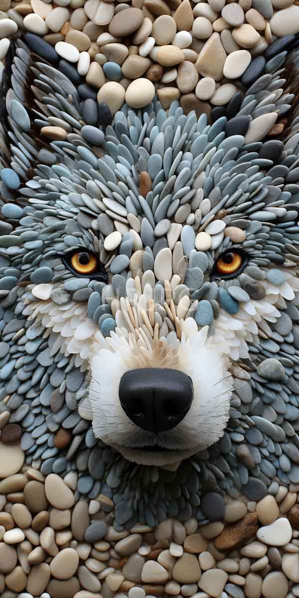 High Resolution: Intricately crafted three-dimensional wolf head made from various smooth pebbles in shades of gray and white with piercing yellow eyes and detailed fur patterns download. | HRJPG.com