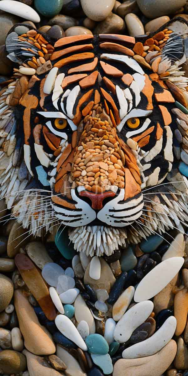 High Resolution: Intricately crafted mosaic tiger head composed entirely from various colored pebbles and stones creating detailed stripes on its face with intense yellow eyes download. | HRJPG.com