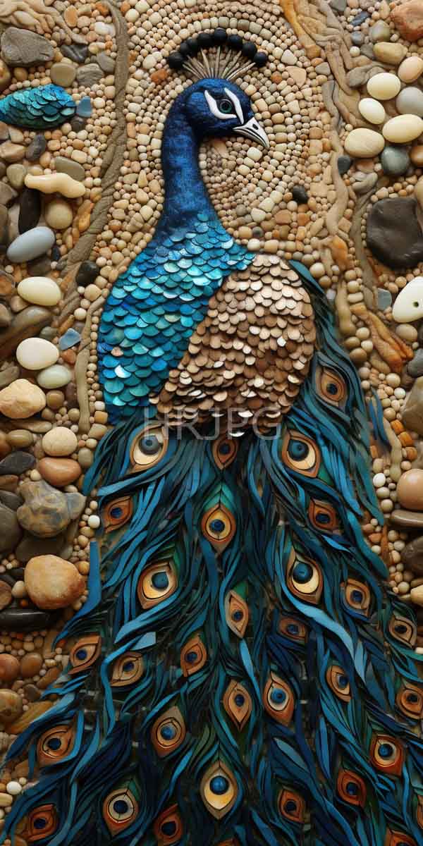 High Resolution: Intricately detailed mosaic artwork depicts two peacocks one larger and more prominent with vibrant blue-green feathers against a background composed of smooth stones download. | HRJPG.com