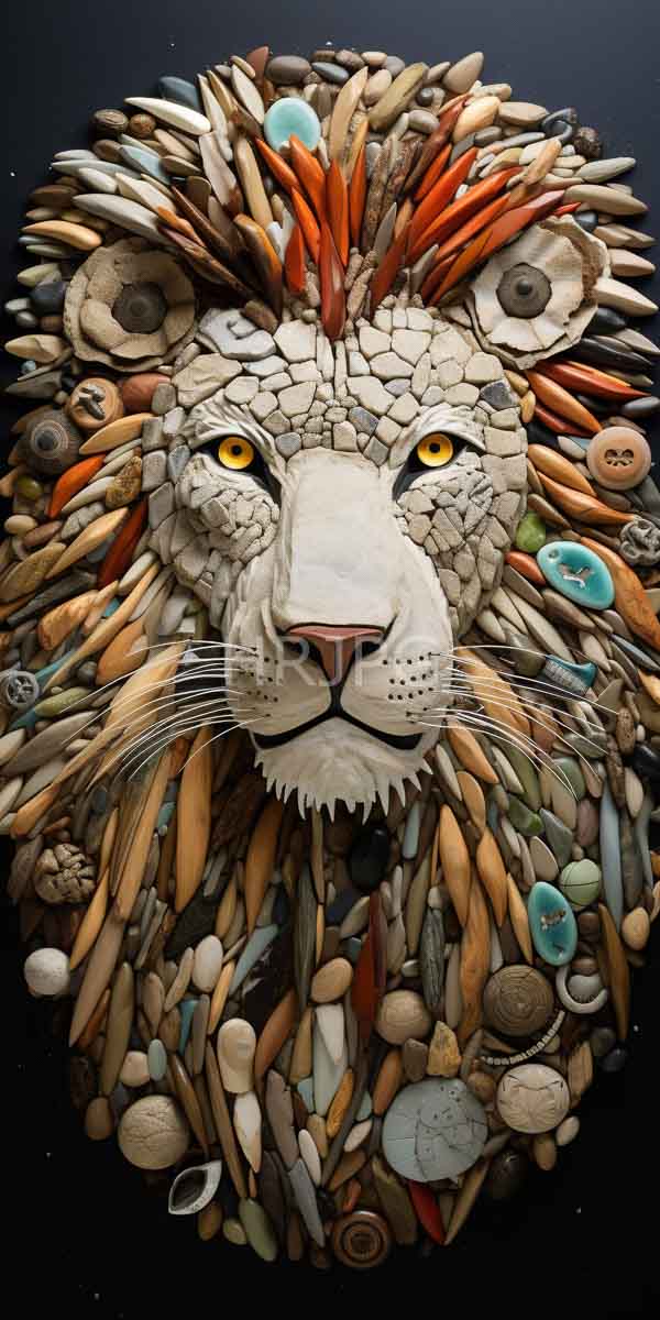 High Resolution: Intricately crafted three-dimensional lion's head made from various colorful and textured materials including feathers seashells buttons pebbles and beads download. | HRJPG.com