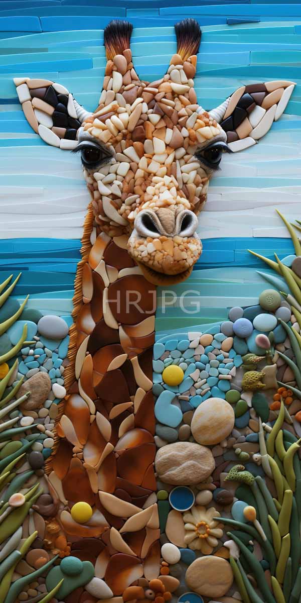 High Resolution: Intricately crafted giraffe sculpture made from various colored pebbles and seashells set against a blue-striped background resembling water download. | HRJPG.com