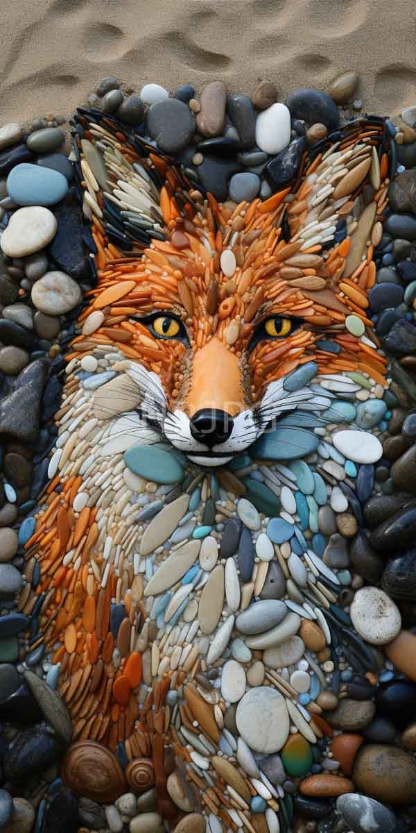 High Resolution: Intricately detailed three-dimensional mosaic artwork depicts a realistic fox's head made from various colored pebbles and stones covering its fur texture download. | HRJPG.com