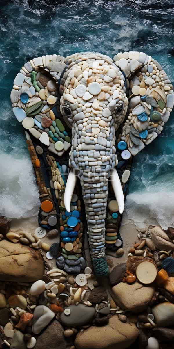 High Resolution: Intricately constructed elephant sculpture made from various smooth multicolored pebbles and stones against turbulent ocean waves download. | HRJPG.com