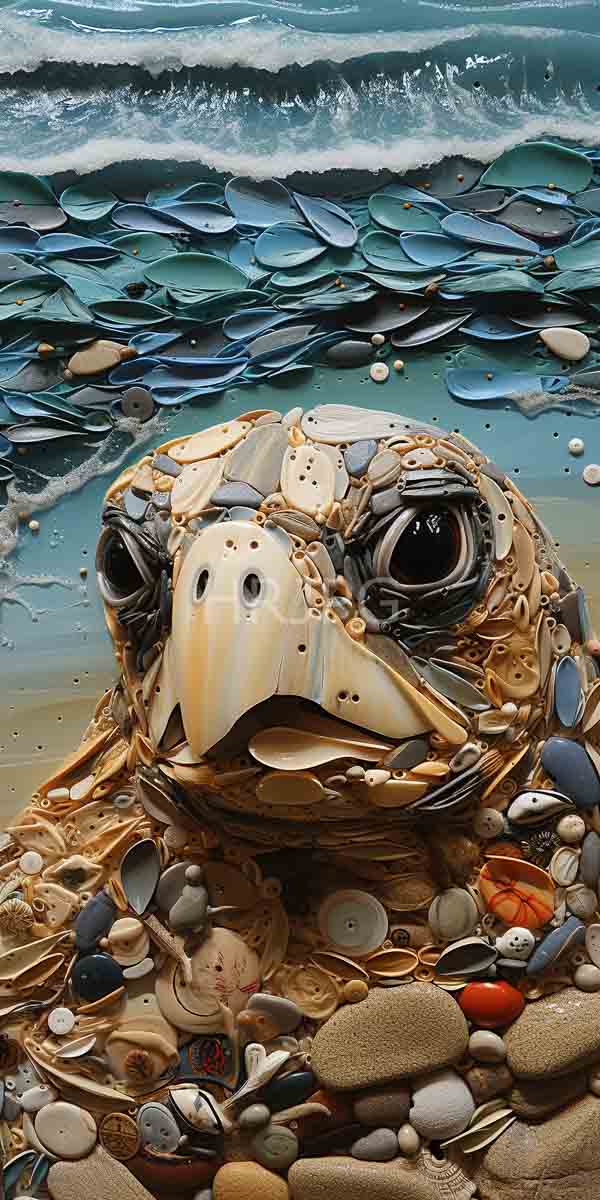 High Resolution: Hyper-realistic sea turtle composed of various seashells and pebbles in earthy tones with large expressive eyes against textured ocean waves and sandy shore elements download. | HRJPG.com