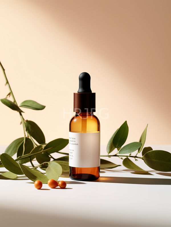 High Resolution: Amber glass bottle with a black pump cap and white label placed on a smooth beige surface surrounded by green eucalyptus leaves and three orange berries download. | HRJPG.com