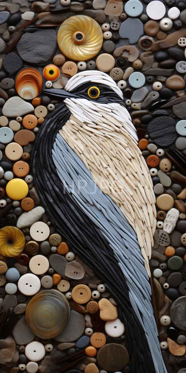 High Resolution: Intricate three-dimensional art piece depicting a bird lying on its side amidst various colorful buttons and pebbles with textured feathers and yellow eyes download. | HRJPG.com